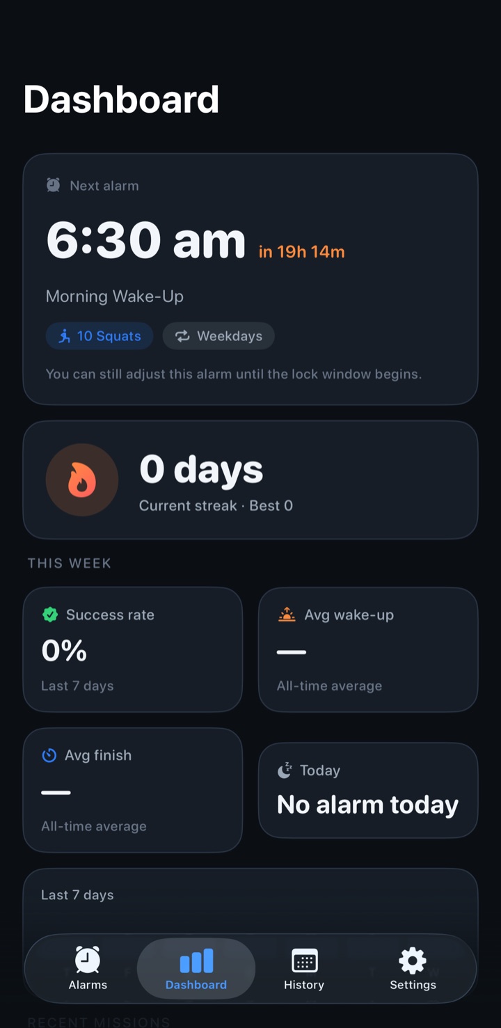 Waiker dashboard — streak and success rate after winning the morning