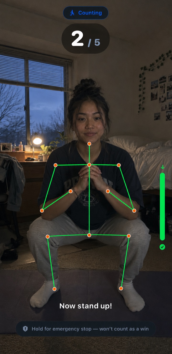 Waiker squat counting in a real bedroom at dusk