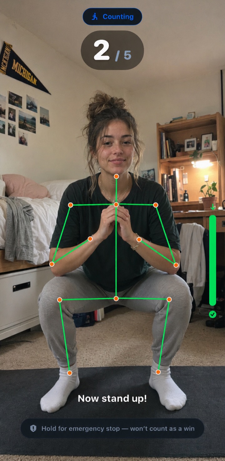 Waiker using the phone camera to count a real user's squats — skeleton overlay and rep count 2 of 5