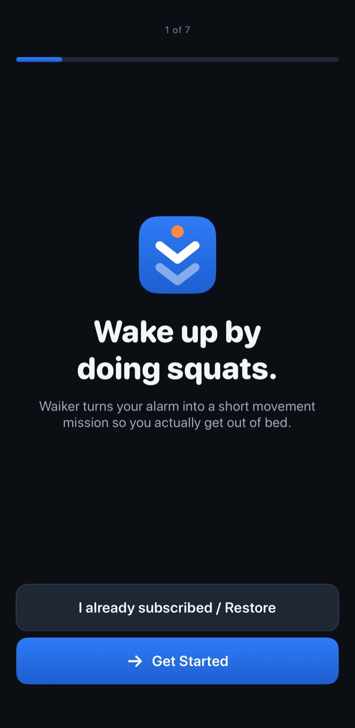 Waiker welcome screen — wake up by doing squats