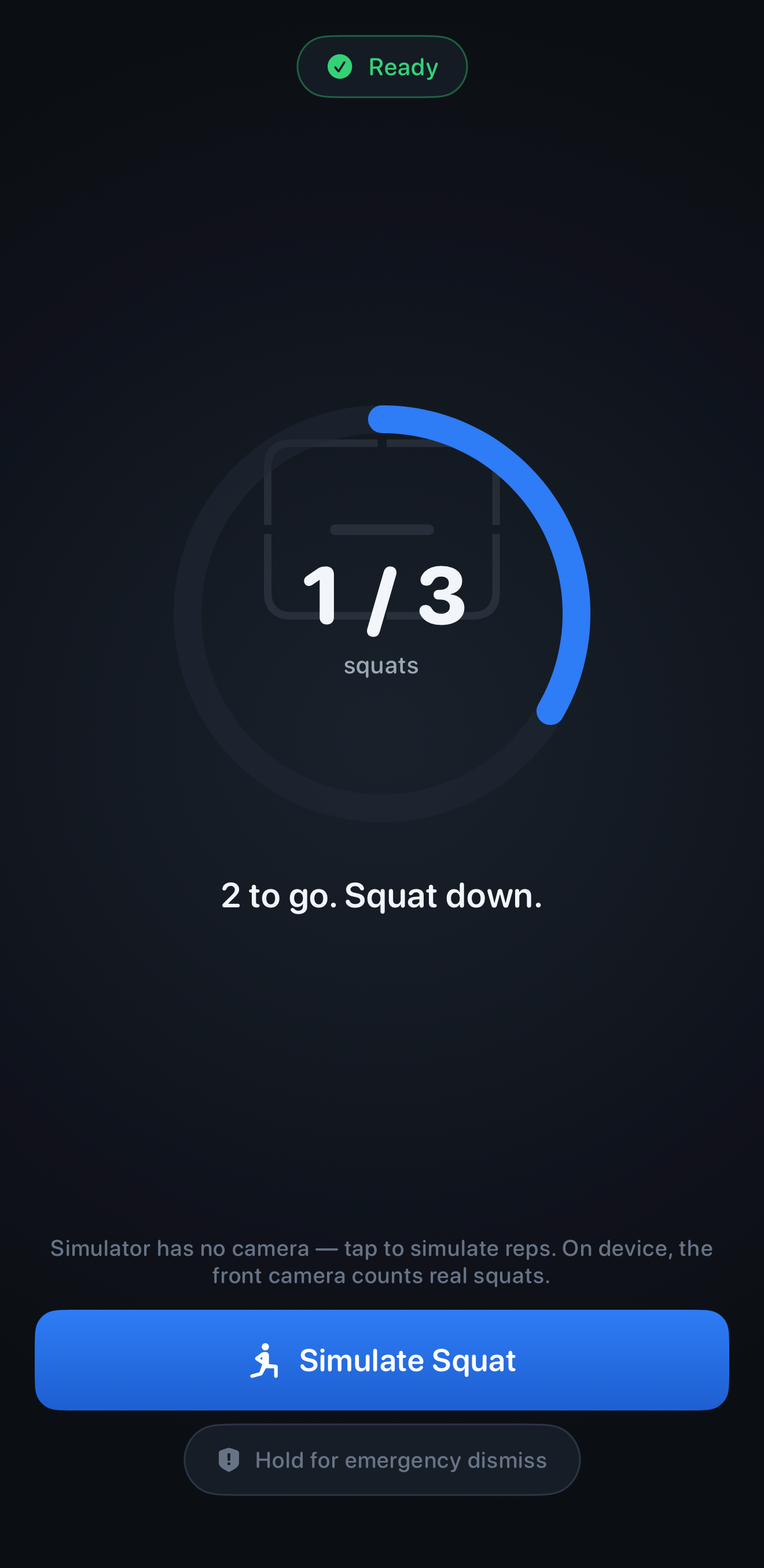Waiker counting live squats to dismiss the alarm